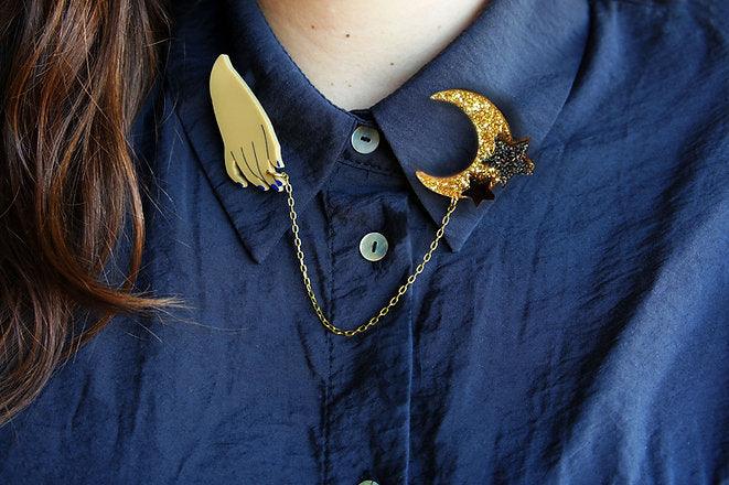 Hand and Moon Double brooch by LaliBlue - Quirks!