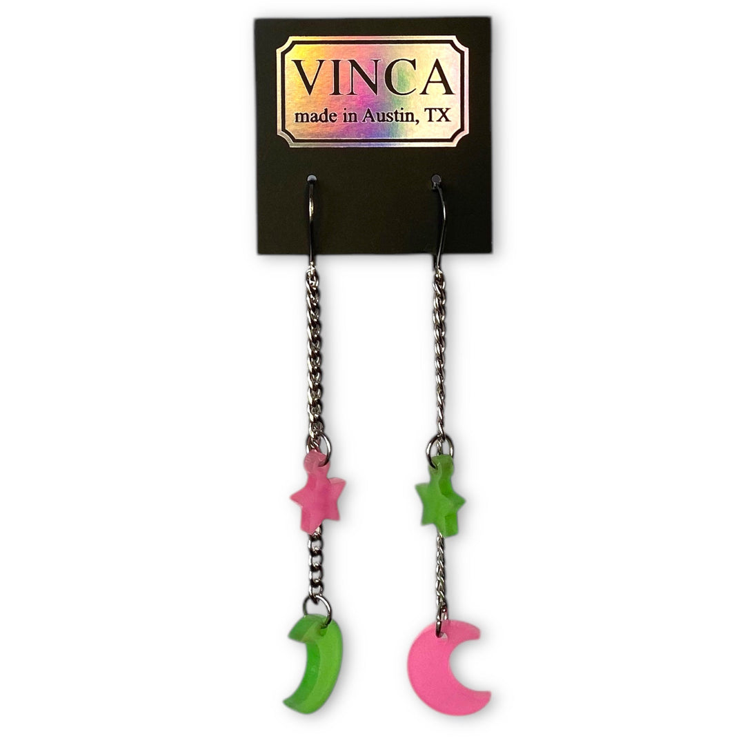 Limited Edition! Moon and Star Dangle Earrings in Glow-in-the-Dark Pink & Green