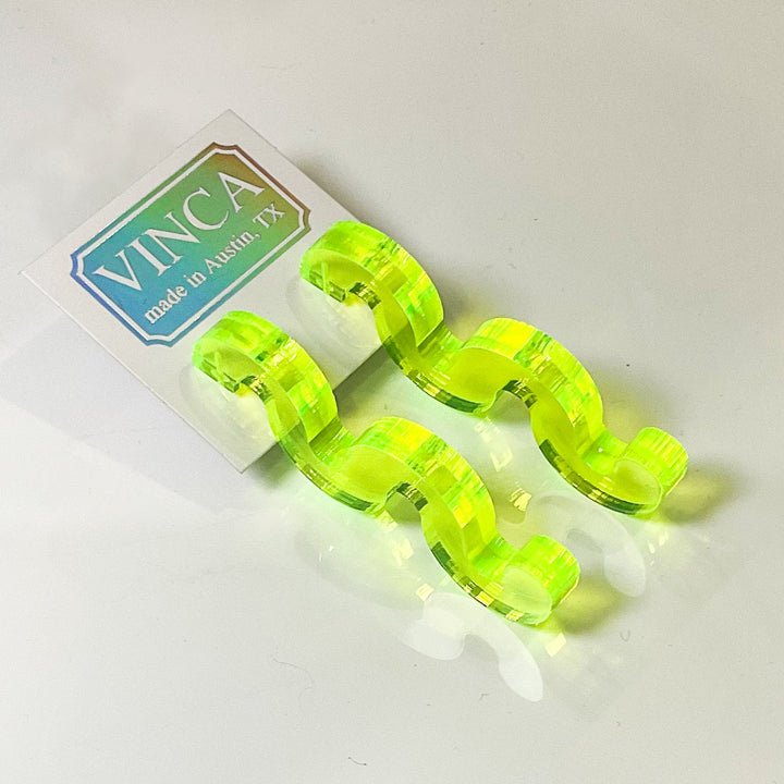Chunky Squiggle Statement Earrings - Black Light Reactive Clear Green