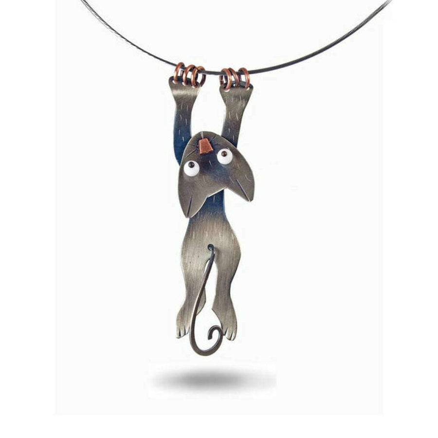 Chickenscratch Hang in There Necklace — articulated nickel silver cat pendant with copper claws and swinging tail on 18-inch cable choker with magnetic closure