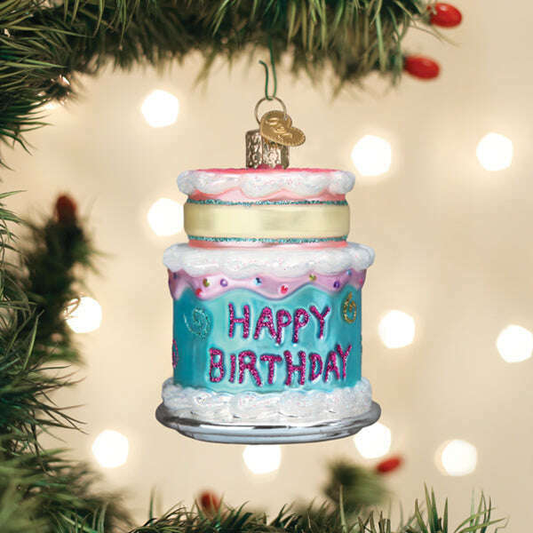 Old World Christmas Happy Birthday Cake Blown Glass Ornament