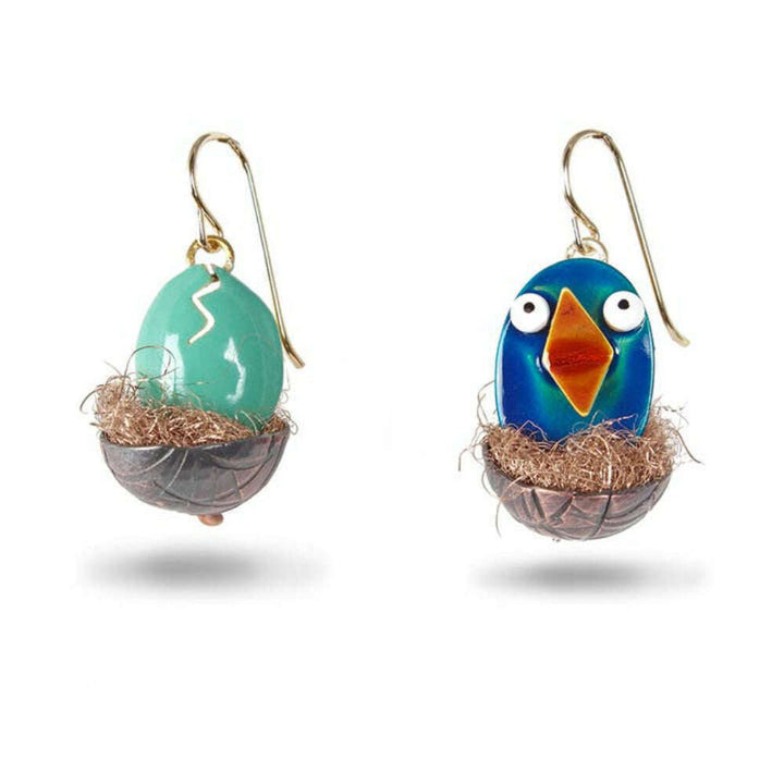 Chickenscratch Hatchling Earrings — handmade enamel egg and painted bird in copper nest earrings, available in red/blue, gold-filled ear wires