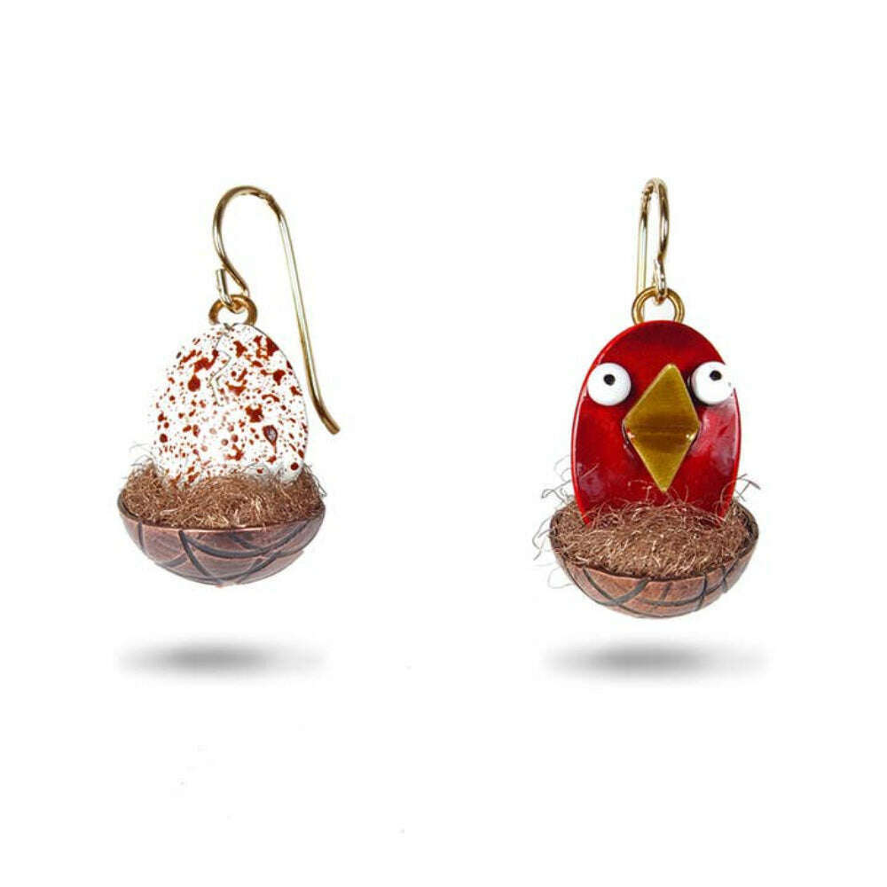 Chickenscratch Hatchling Earrings detail — artisan mismatched nest earrings with bronze wool, enameled egg and bird, made in USA