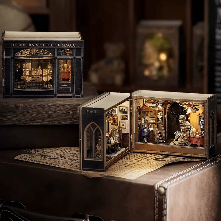 Helevorn School of Magic Dollhouse Kit - Miniature Wizardi Roombox Kit with LED Light F07M51-62-MINI-110