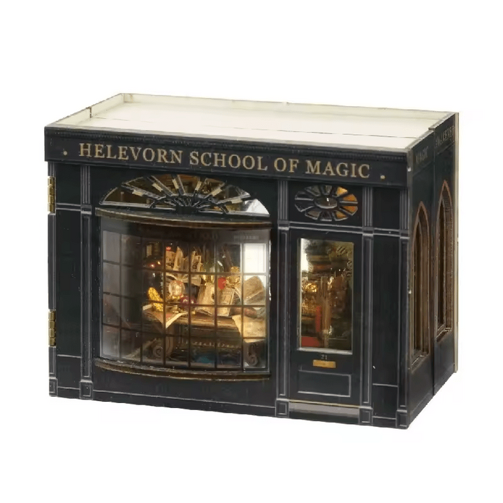 Helevorn School of Magic Dollhouse Kit - Miniature Wizardi Roombox Kit with LED Light F07M51-62-MINI-110