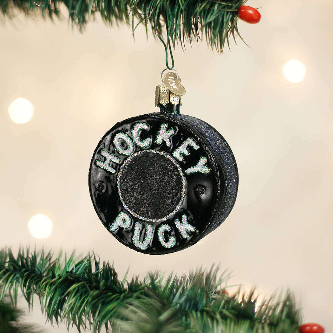 Old World Christmas Hockey Puck Blown Glass Ornament