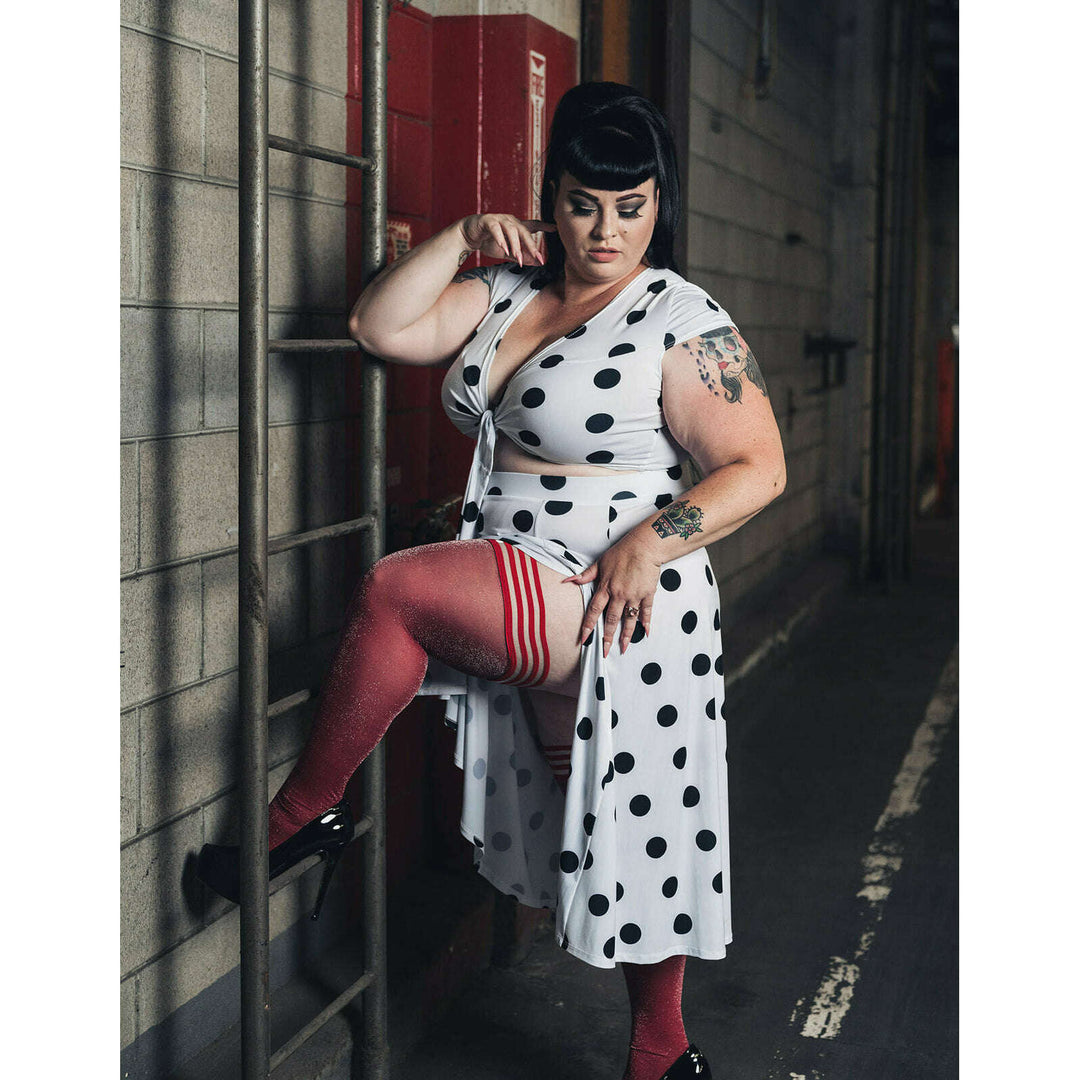 Holly: Shimmer Cranberry Thigh Highs. Petite to Plus Size