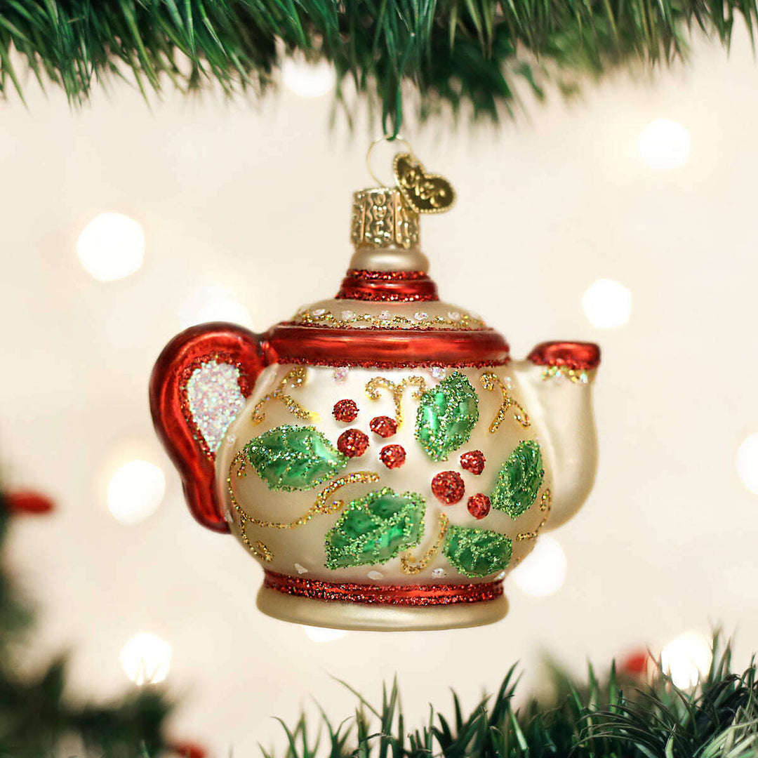 Old World Christmas Holly Teapot Blown Glass Ornament