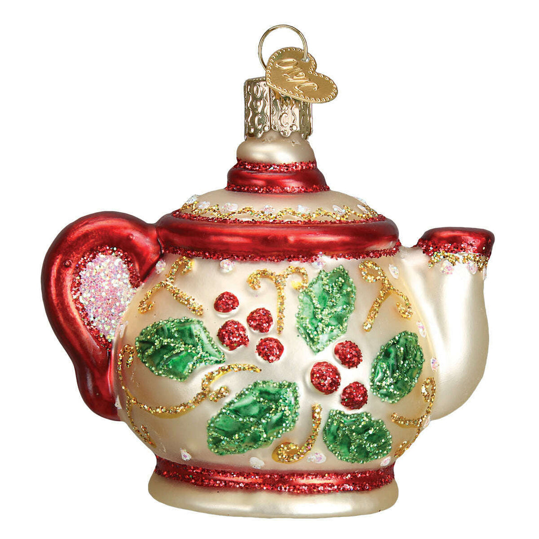 Old World Christmas Holly Teapot Blown Glass Ornament