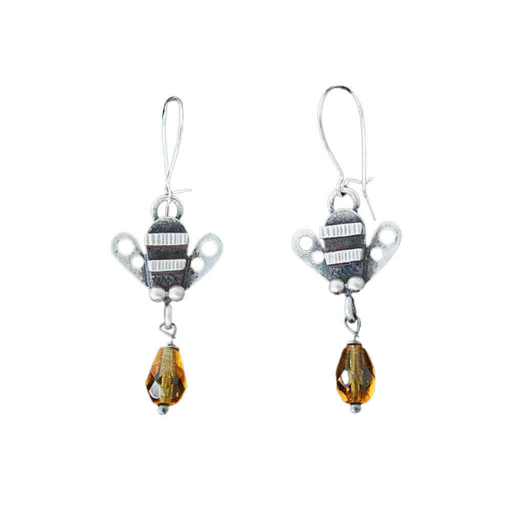 Chickenscratch Honey Bee Earrings — cast sterling silver bee charms with Czech glass honey drop dangles, sterling silver kidney ear wires