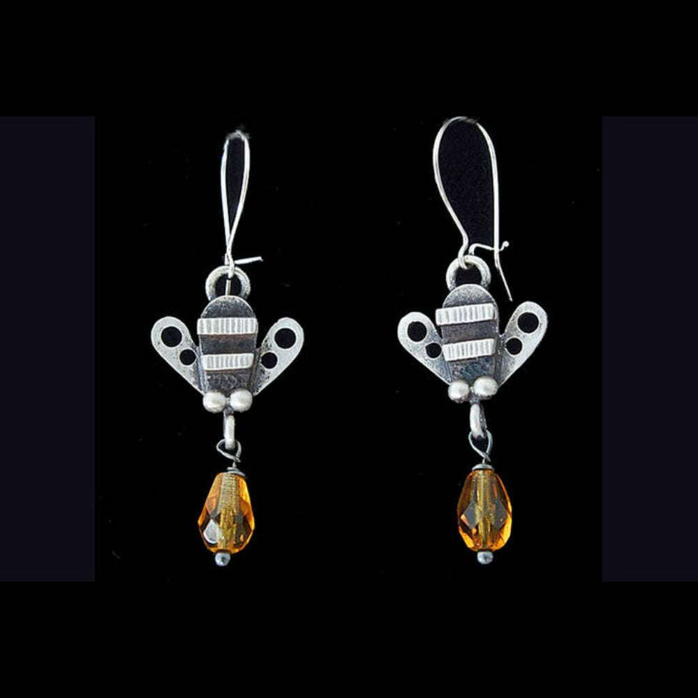 Chickenscratch Honey Bee Earrings side view — artisan sterling silver bee earrings with glass honey drop, handmade in USA