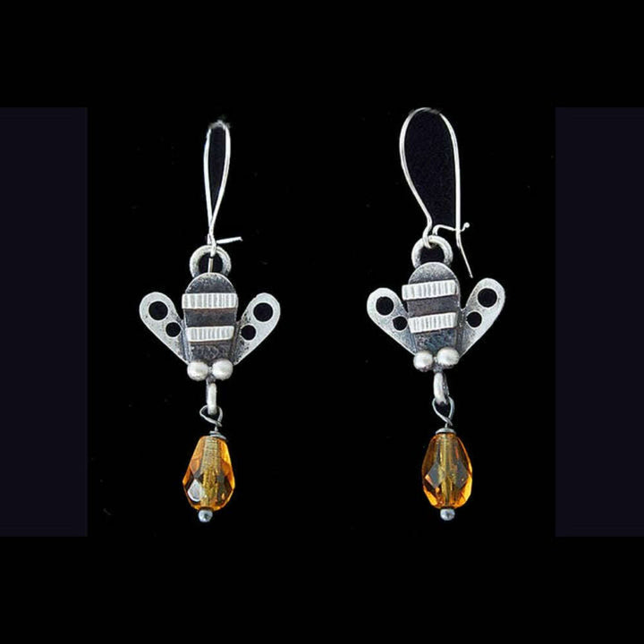 Chickenscratch Honey Bee Earrings side view — artisan sterling silver bee earrings with glass honey drop, handmade in USA