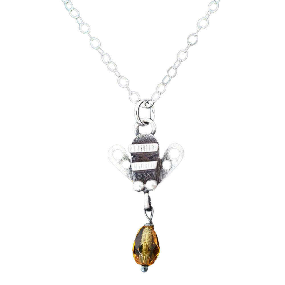 Chickenscratch Honey Bee Necklace — cast sterling silver bee charm necklace with Czech glass honey drop dangle on 18-inch sterling silver chain