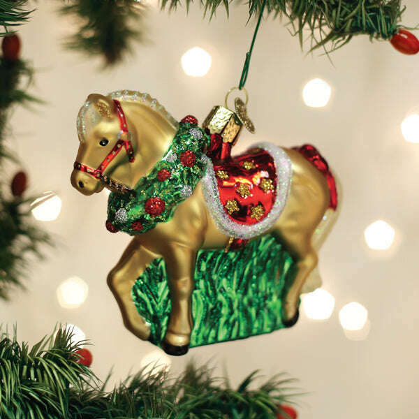 Old World Christmas Horse With Wreath Blown Glass Ornament