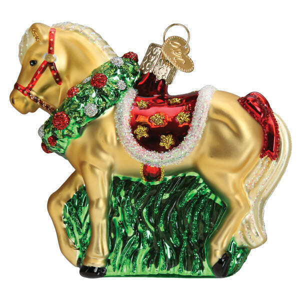 Old World Christmas Horse With Wreath Blown Glass Ornament