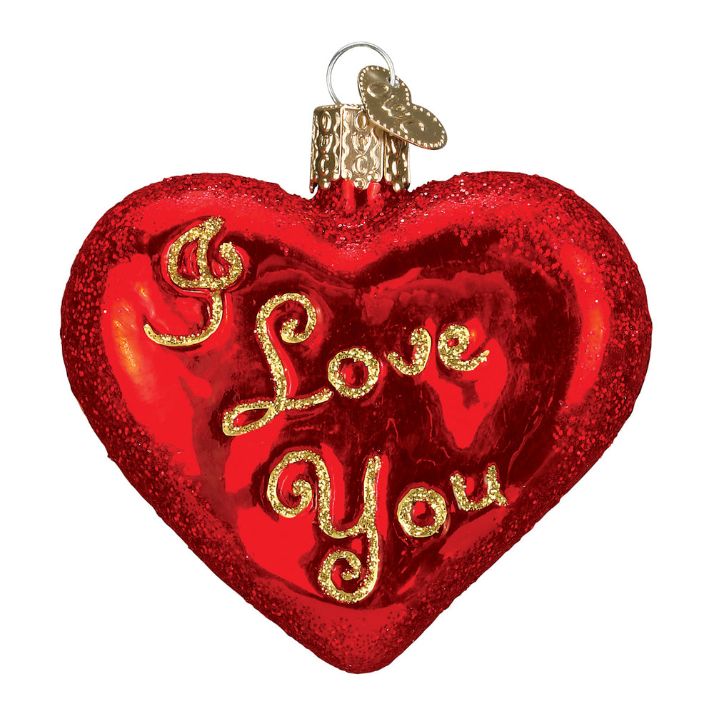 Red heart-shaped ornament with 'I Love You' in gold on a white background