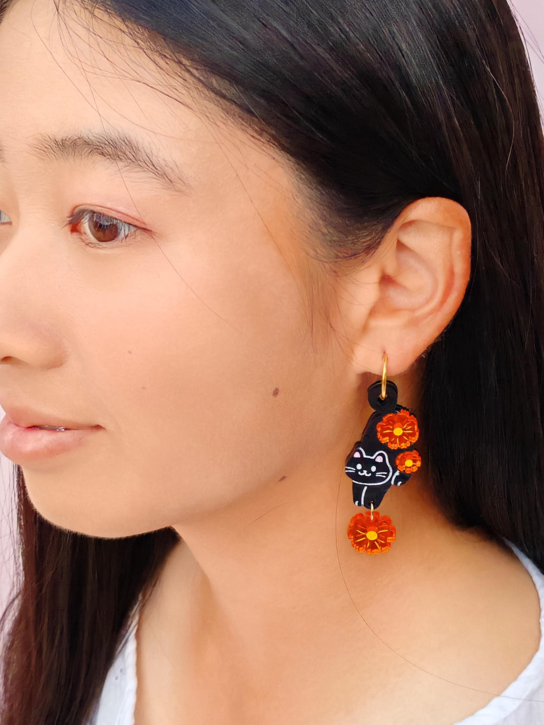 Black Cat with Cosmos Earrings