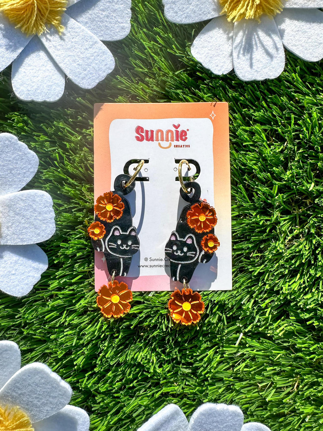 Black Cat with Cosmos Earrings
