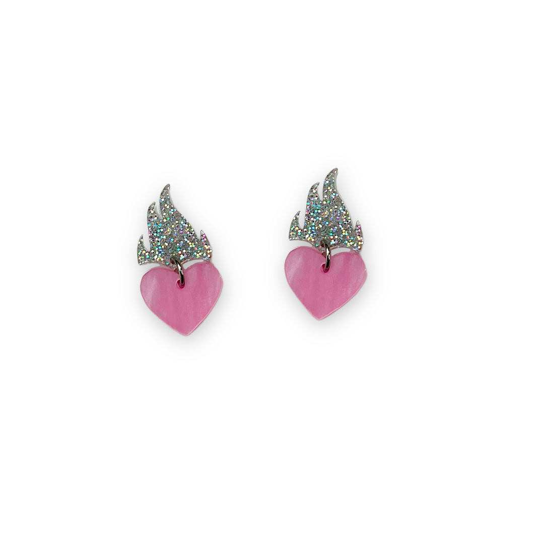 Feeling a Little Heart Burn Earrings in Holographic Glitter