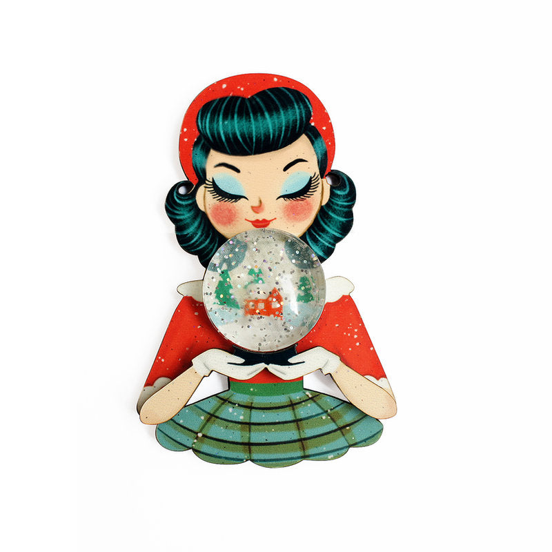Girl with Snowman Snow Globe Brooch