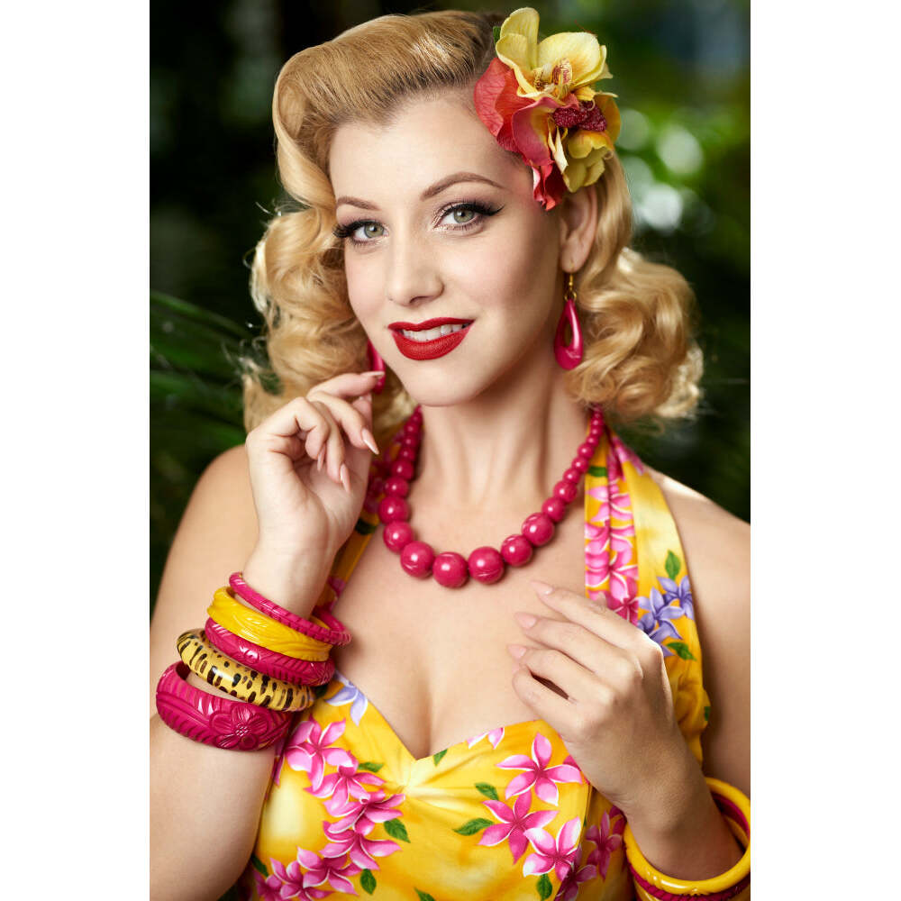 Iris Pink Heavy Carve Fakelite Drop Earrings by Splendette 1