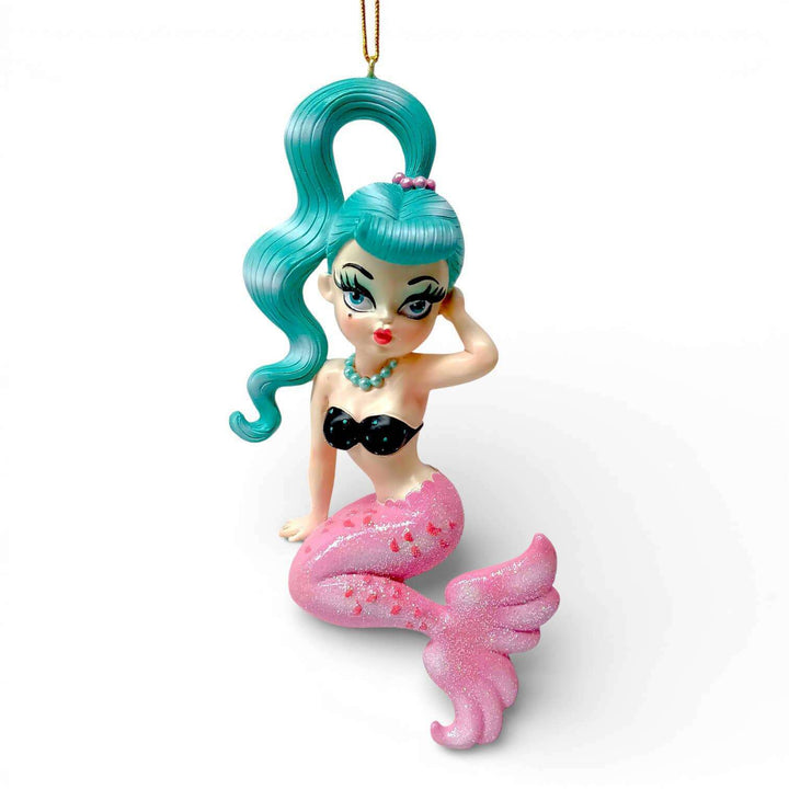 Isla 5.5 inch Teal Hair Baby Doll Mermaid ornament by Miss Fluff for December Diamonds, retro holiday collectible