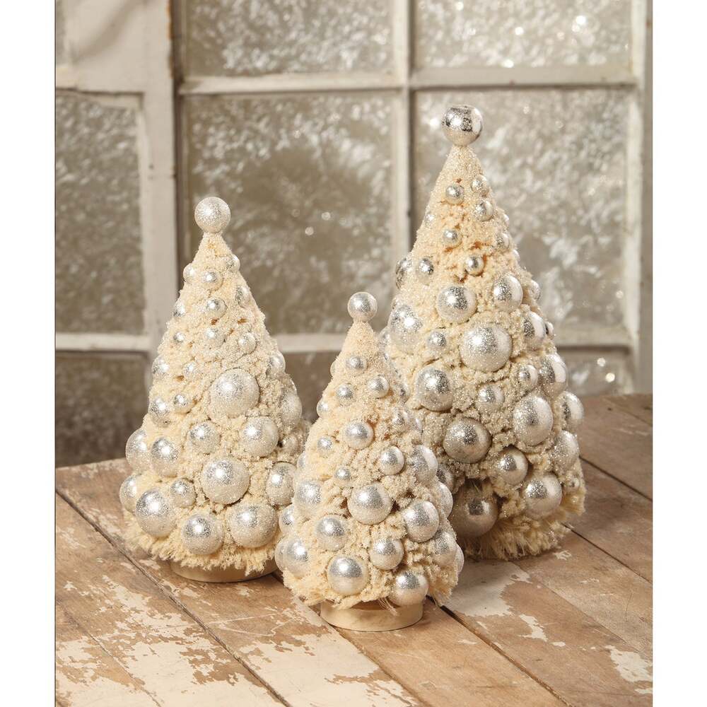 Ivory Platinum Bottle Brush Trees S3 by Bethany Lowe Designs