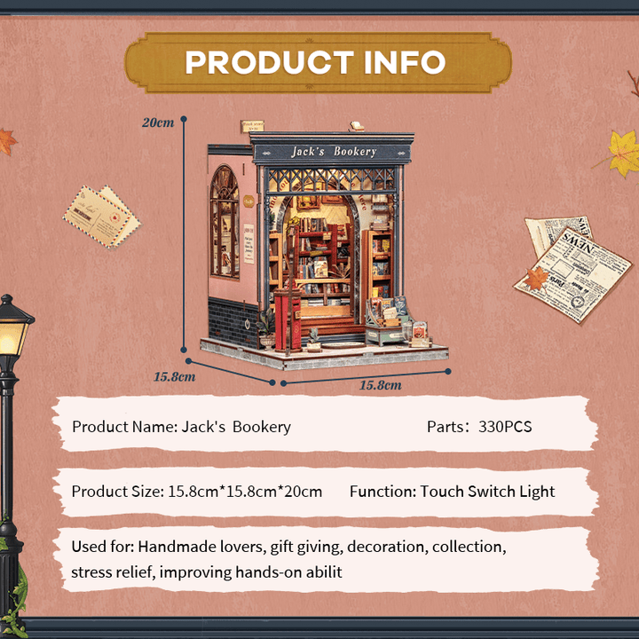 Jack's Bookery Dollhouse Kit - Miniature Wizardi Roombox Kit with LED Light F07M51-91-CWGC209