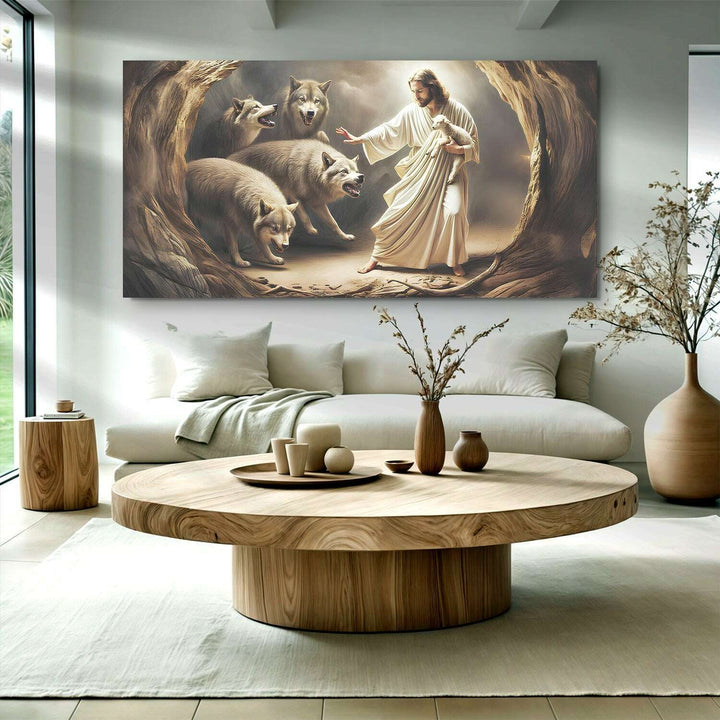 Jesus Protects The Lamb From Wolves Faith Wall Art III