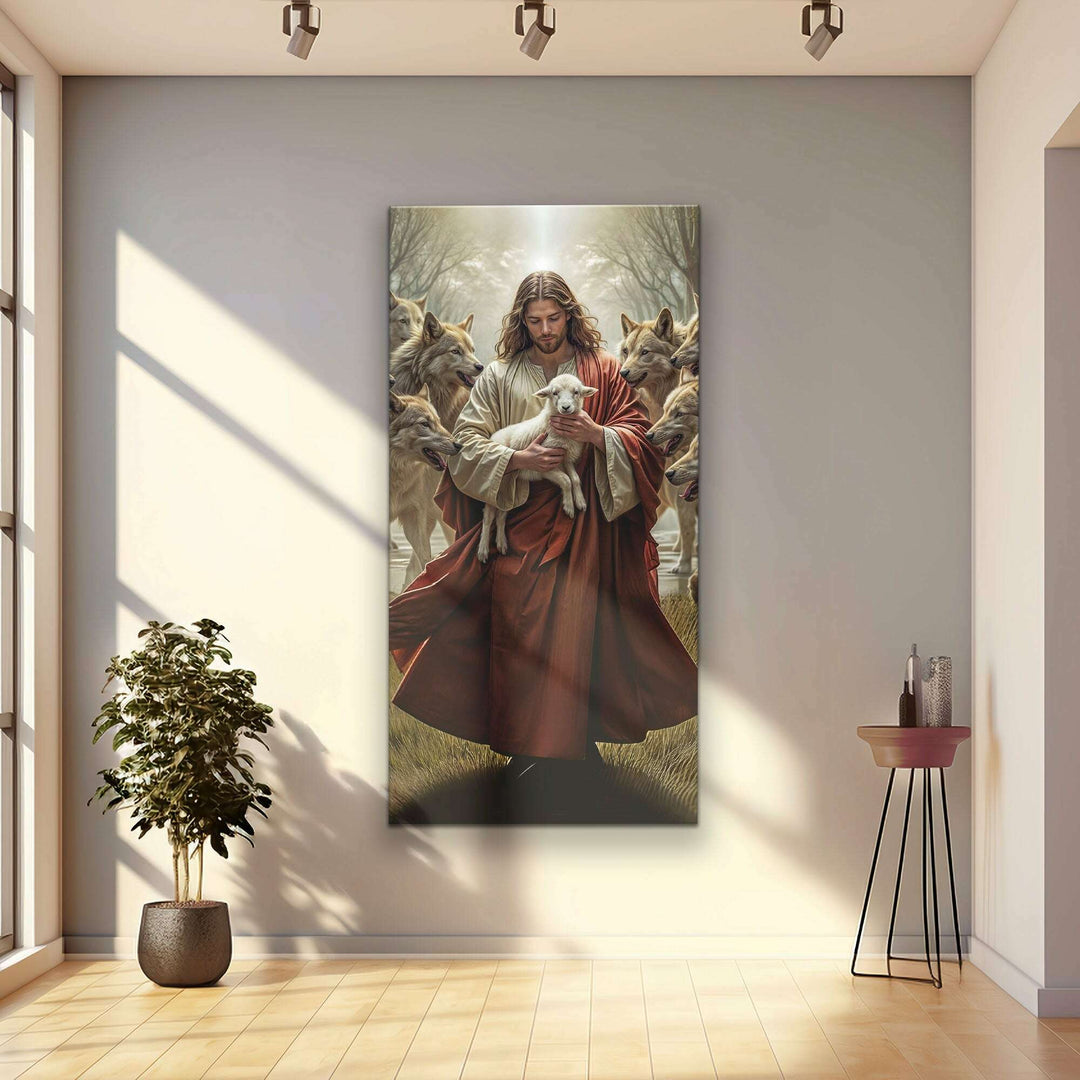 Jesus Protects The Lamb From Wolves Faith Wall Art VI