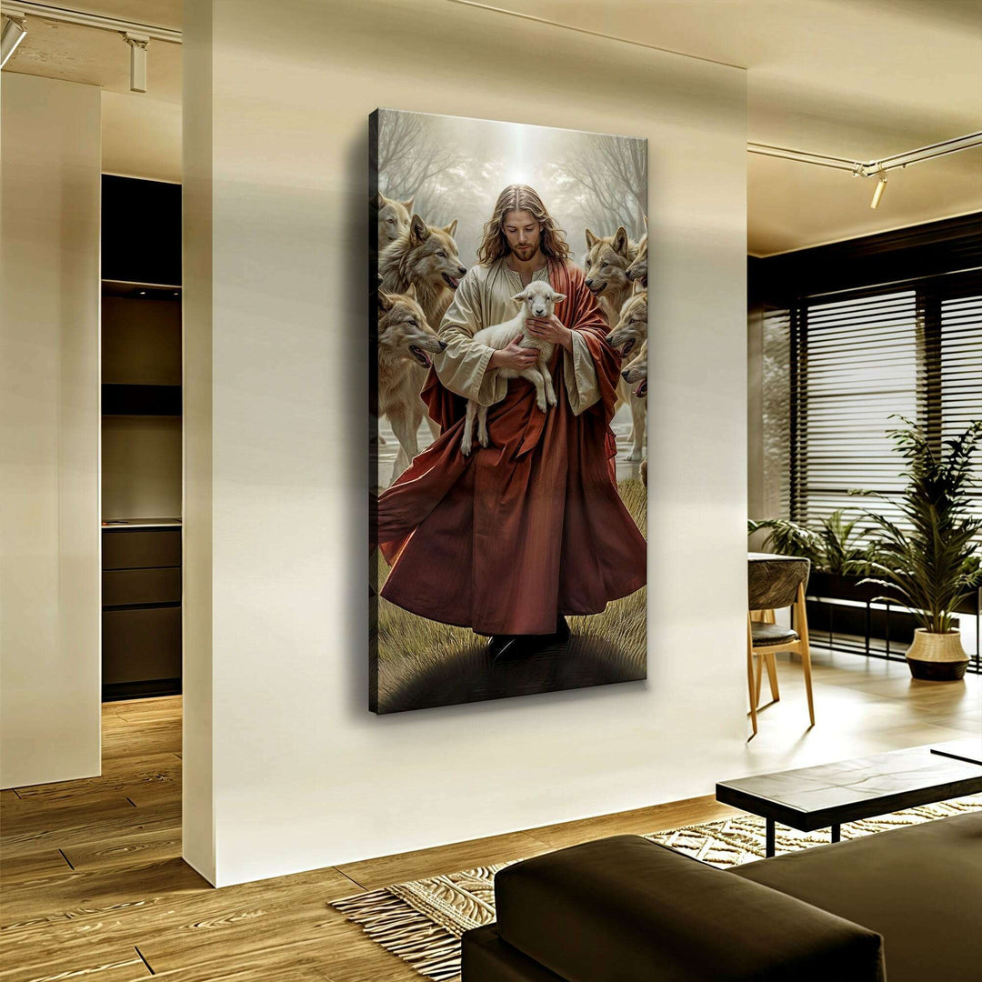 Jesus Protects The Lamb From Wolves Faith Wall Art VI