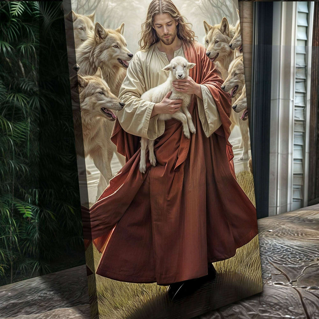 Jesus Protects The Lamb From Wolves Faith Wall Art VI