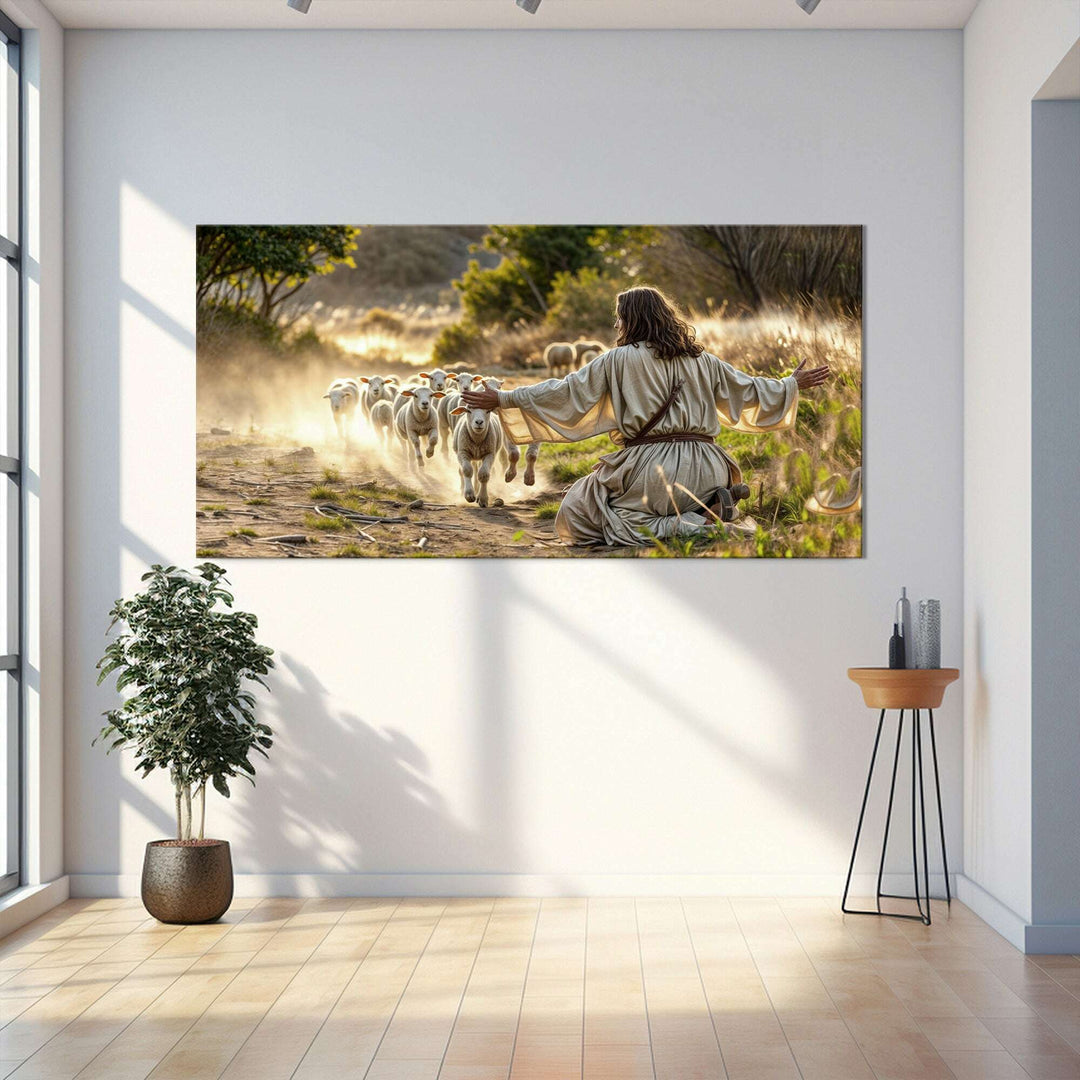 Jesus Protects The Lamb From Wolves Faith Wall Art VIII