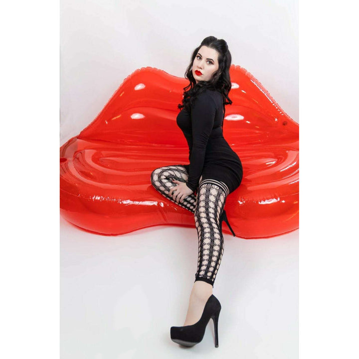 Jo: Footless Black Circle Fishnet Thigh Highs. Petite to Plus Size