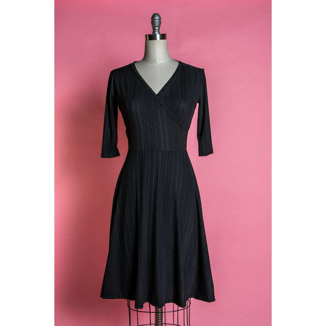 Joanie Knit Dress 3/4 Sleeve - Black Rib Knit