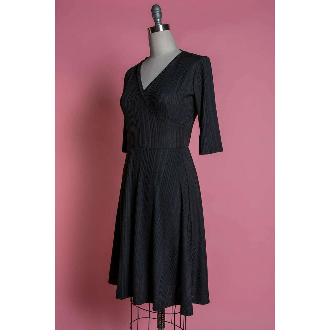 Joanie Knit Dress 3/4 Sleeve - Black Rib Knit