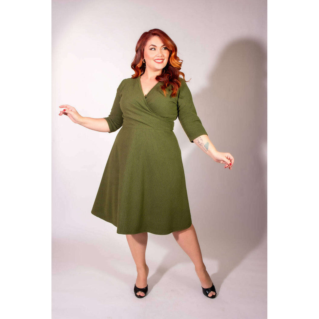 Joanie Knit Dress 3/4 Sleeve - Olive, Brushed Rib Knit
