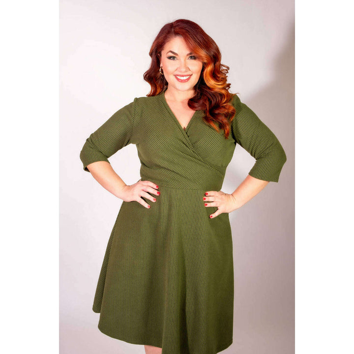 Joanie Knit Dress 3/4 Sleeve - Olive, Brushed Rib Knit