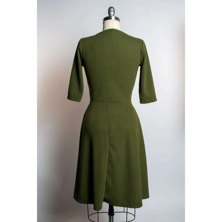 Joanie Knit Dress 3/4 Sleeve - Olive, Brushed Rib Knit