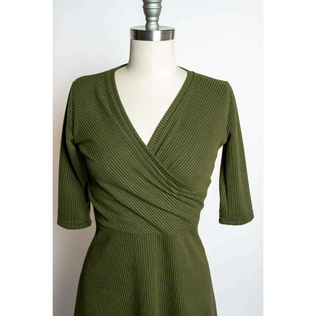 Joanie Knit Dress 3/4 Sleeve - Olive, Brushed Rib Knit