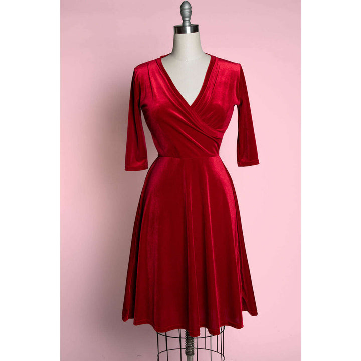 Joanie Knit Dress 3/4 Sleeve - Stretch Velvet, Red
