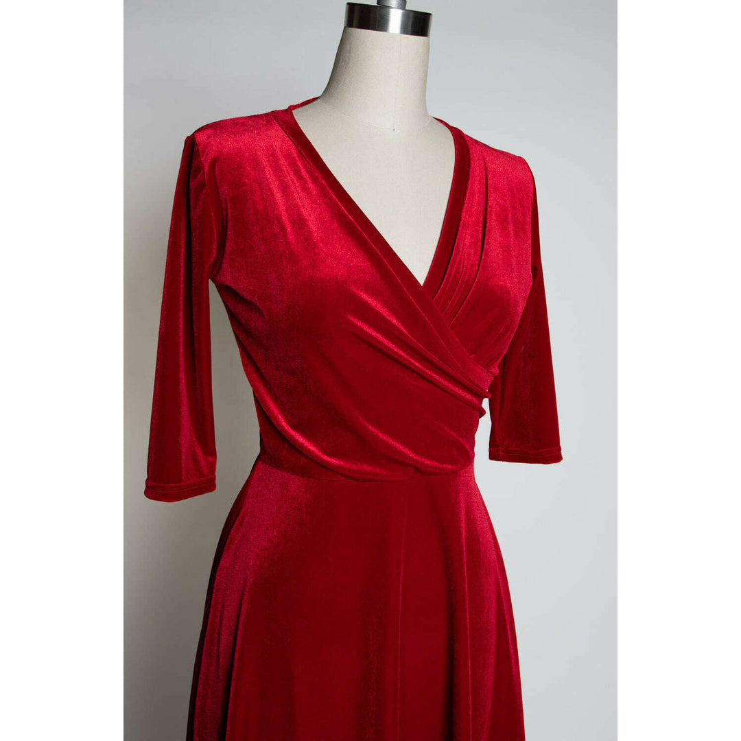 Joanie Knit Dress 3/4 Sleeve - Stretch Velvet, Red