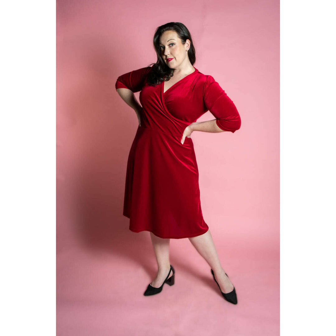 Joanie Knit Dress 3/4 Sleeve - Stretch Velvet, Red