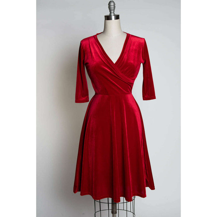 Joanie Knit Dress 3/4 Sleeve - Stretch Velvet, Red