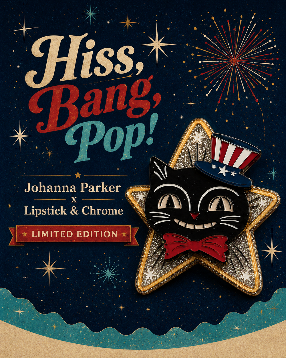 johanna parker cat fourth of july brooch pin lipstick and chrome