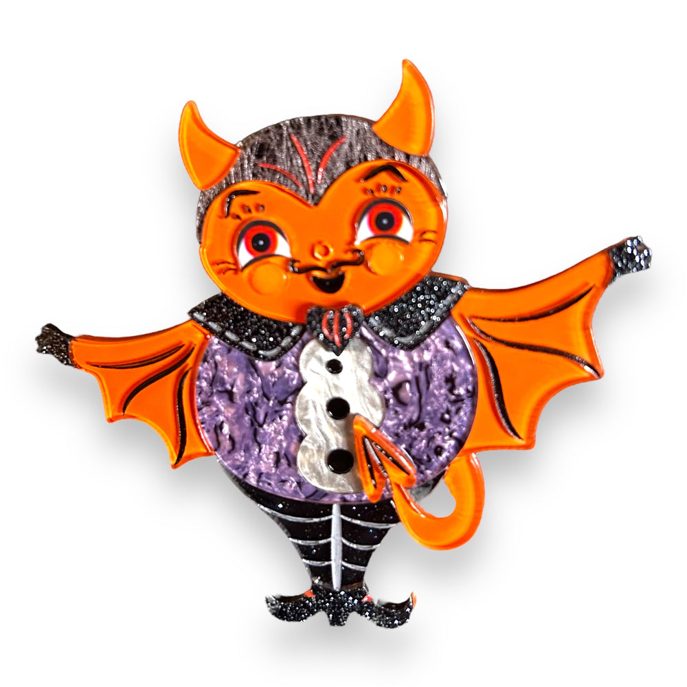 Naughty Nash Halloween devil brooch by Johanna Parker x Lipstick & Chrome — laser-cut acrylic folk art pin