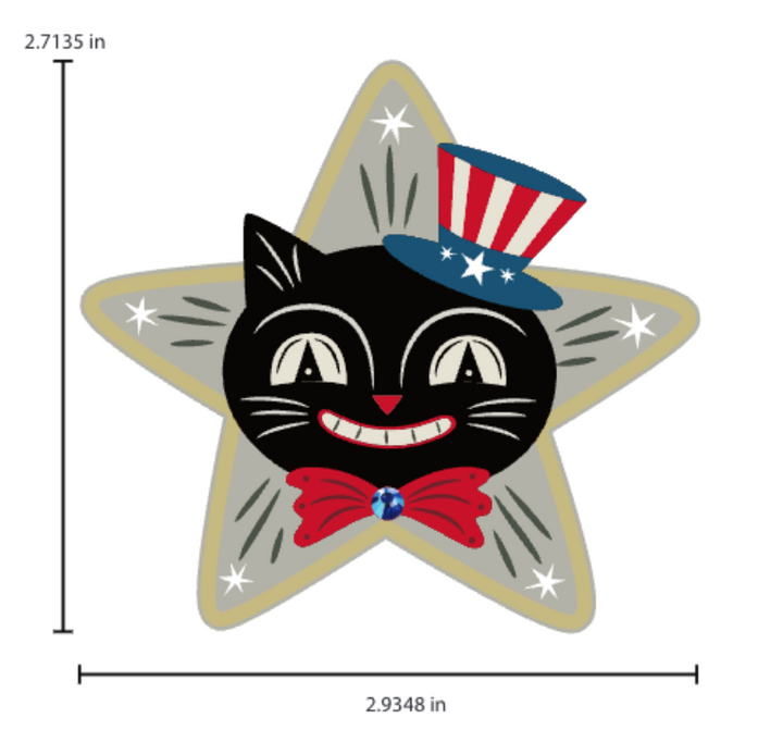 A brooch designed by Johanna Parker featuring a black cat with a patriotic theme, adorned with a star and a red bow, wearing a hat with a stars pattern.
