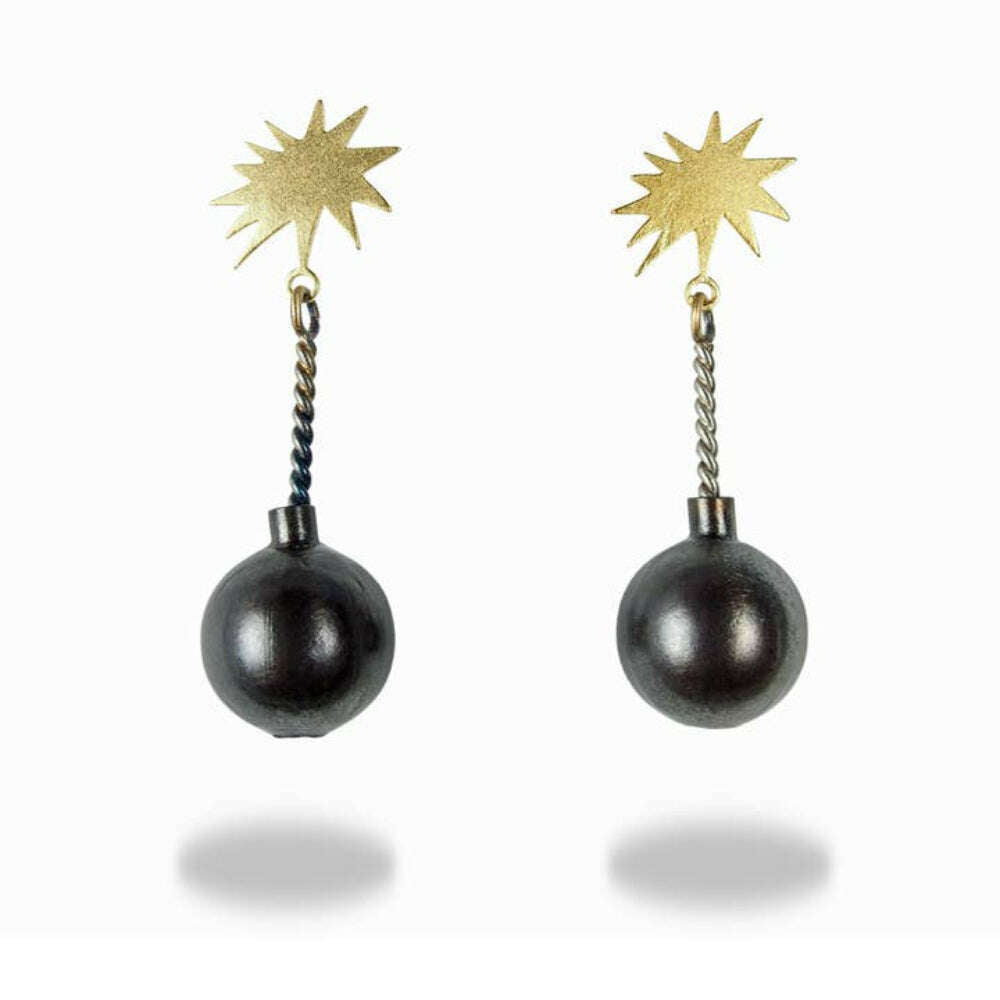 Chickenscratch Kaboom Earrings — handmade 3D brass cartoon bomb earrings with twisted nickel silver wick and flame, surgical steel posts