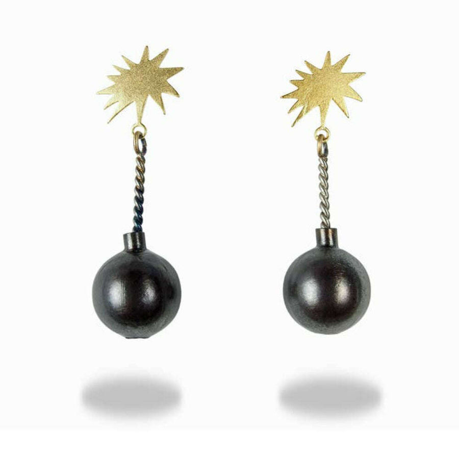 Chickenscratch Kaboom Earrings — handmade 3D brass cartoon bomb earrings with twisted nickel silver wick and flame, surgical steel posts