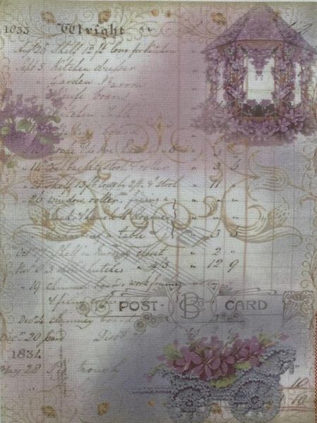 Postcard Memories Designer Printed AIDA Fabric. Canvas for embroidery with an applied background  KF-1358A